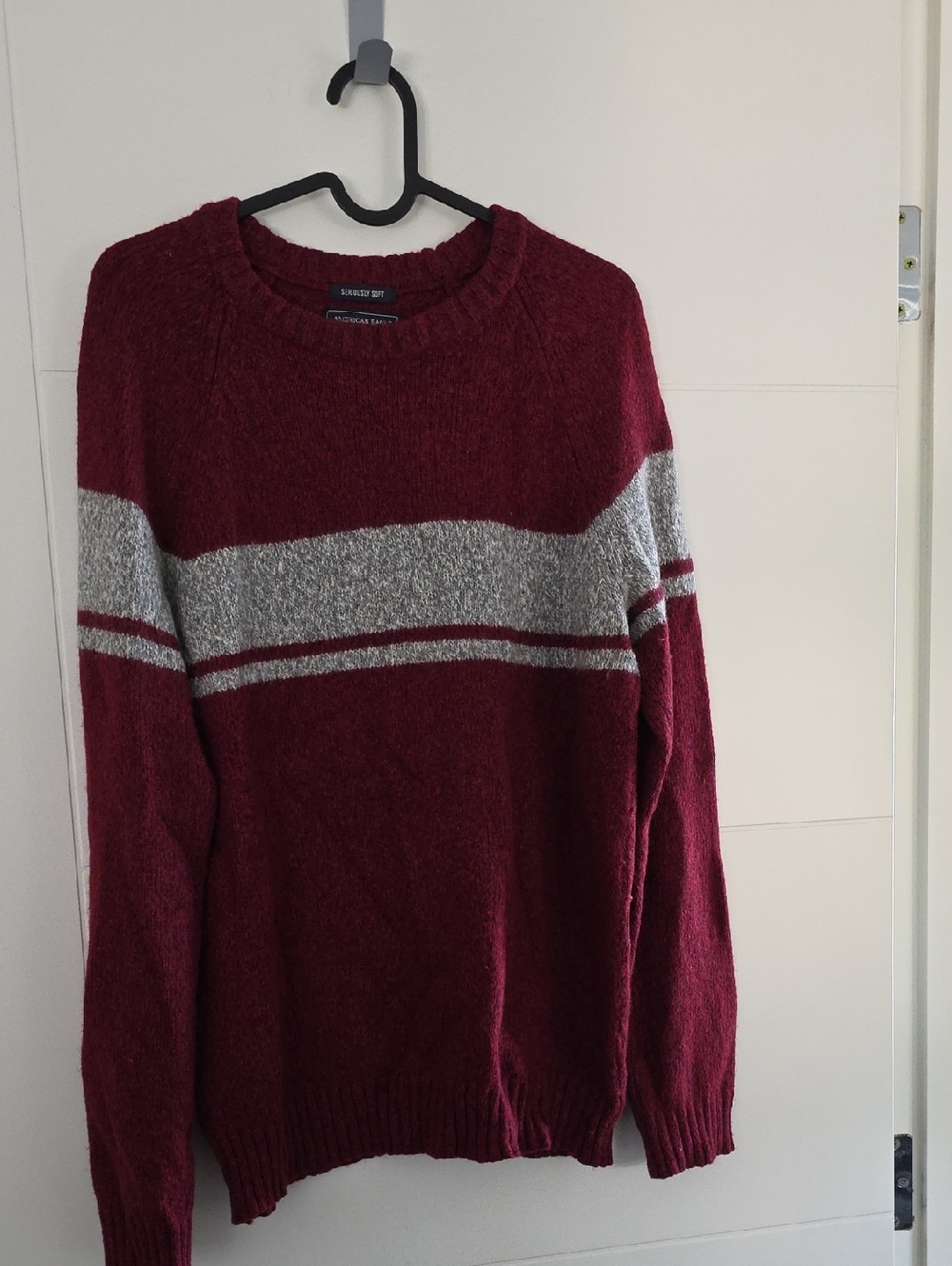 American Eagle Outfitters Men's Burgundy Crewneck Sweater with Gray Chest Stripe